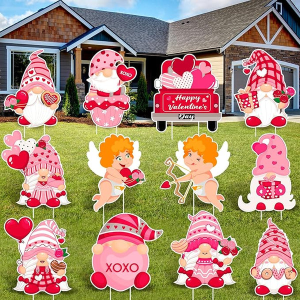 Glenmal 12 Pcs Valentine's Day Yard Signs with Stakes Valentine Gnomes Lawn Decorations Outdoor Love Swedish Corrugated Decor for Wedding Anniversary Party