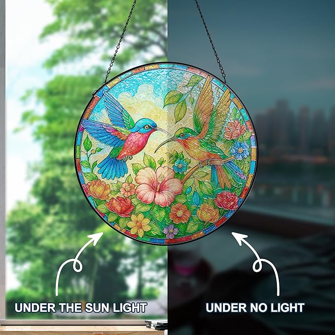 Stained Glass Window Hanging, Hummingbirds Sun Catchers Stained Glass Panels for Indoor Windows Wall Art Decor, Birthday Gift for Mom Women Wife Men Lovers (11.8inch)