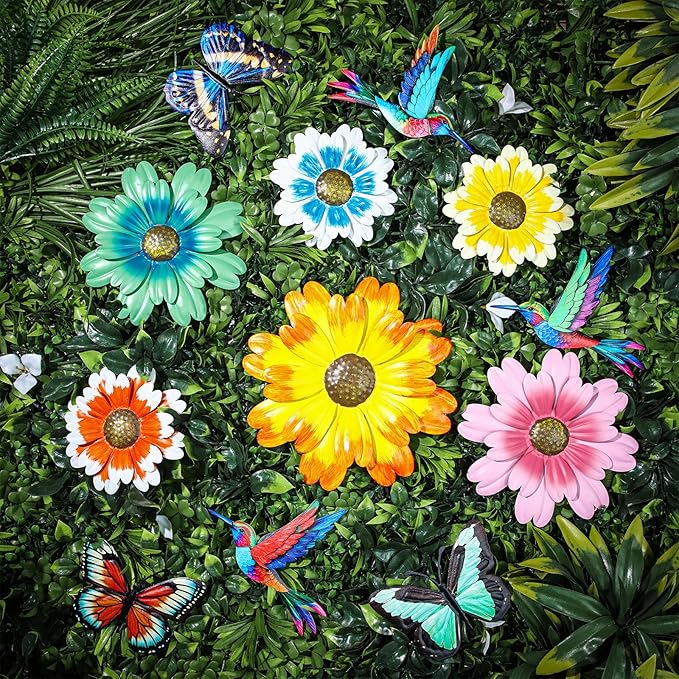 Colingmill 12 Pack Metal Flowers Butterfly Hummingbird Wall Art Decor 3D Metal Outdoor Wall Hanging Sculptures Decoration for Outdoor Garden Fence Yard Patio Indoor Living Room Balcony(Yellow)