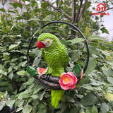 1PC Hanging Parrots for Patio Decor Outdoor, Perching On Branch Bird Figurine Statue, Metal Tropical Animal Model Sculpture with Round Ring for Nature Lovers DIY Lawn Natural Garden Tree Patio Home