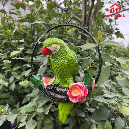 1PC Hanging Parrots for Patio Decor Outdoor, Perching On Branch Bird Figurine Statue, Metal Tropical Animal Model Sculpture with Round Ring for Nature Lovers DIY Lawn Natural Garden Tree Patio Home
