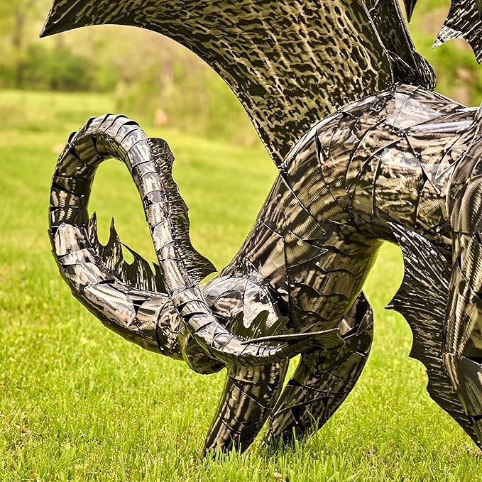 Zaer Ltd. Large Metal Dragon Statue, 89" L x 79" W x 73" H, Powder Coated (Metallic Silver)