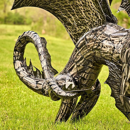 Zaer Ltd. Large Metal Dragon Statue, 89" L x 79" W x 73" H, Powder Coated (Metallic Silver)