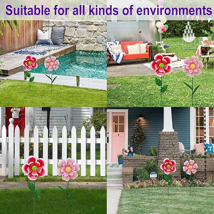 Garden Wind Spinner 2 Pack, Outdoor Metal Flower Stake Decor, Waterproof Kinetic Sculptures for Backyard Flower Bed, Spring Gardening Gifts for Mom (Red/Pink)