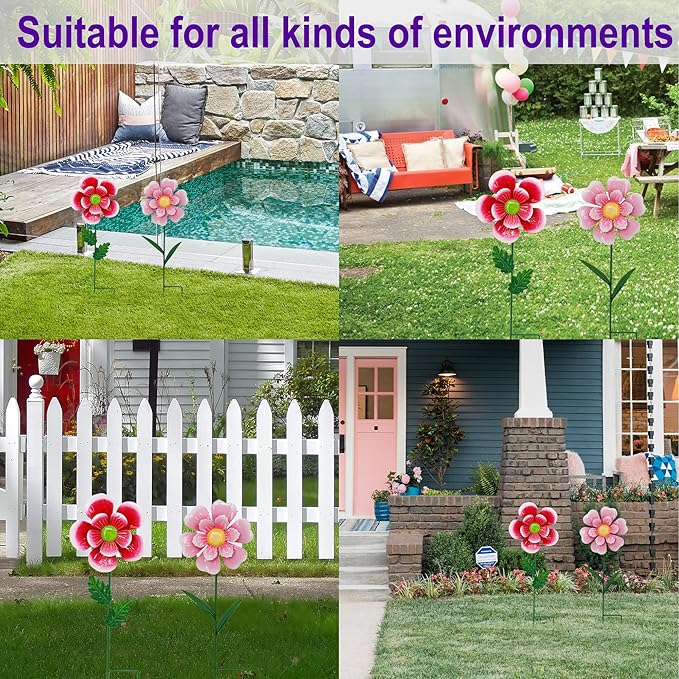Metal Retro Flower Wind Spinner Art, Guangxie Yard Decorations Outdoor - 2 Pack for Outdoor, Patio, Backyard and Flower Bed Spring Decor (Red & Pink)