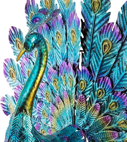 Alpine Corporation 23" Tall Outdoor Metallic Peacock Tail Spread Yard Statue, Vibrant Garden Sculpture for Patio, Lawn, or Entryway, Multicolor