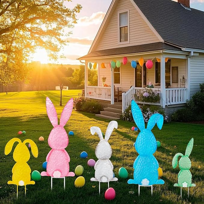 Treewoll5 Packs Easter Garden Stakes Decorations, Metal Bunny Yard Signs, Adorable Rabbit Stakes in Five Colors for Courtyard Patio Spring Lawn Holiday Outdoor Display Props