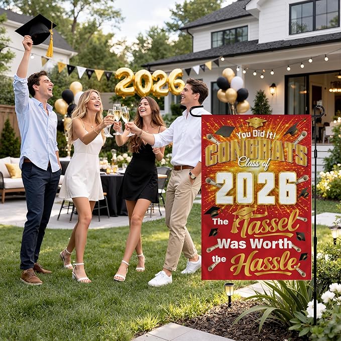 Graduation Decorations 2026 - Class of 2026 Garden Flag | Graduation Decor Party Favors Supplies for Outdoor Indoor Double-Side Backdrop Banner for Garden Porch Patio Lawn Yard Home,12x18Inch (Red)