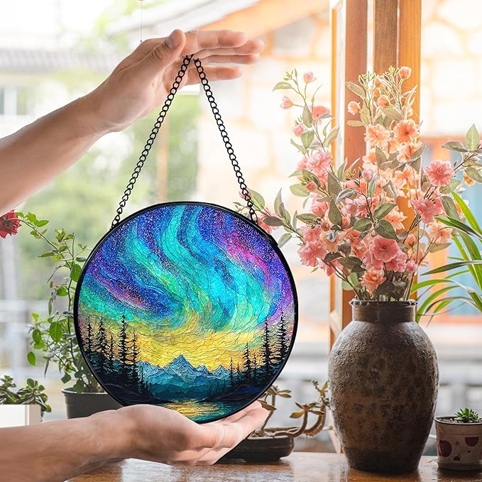 Nature Mountain Aurora Borealis Suncatcher Stained Glass Window Hanging, Northern Lights Sun Catchers Indoor Window Glass Wall Art Decor, Nature Wall Hanging Decor Decorations, 7.9x7.9 Inch