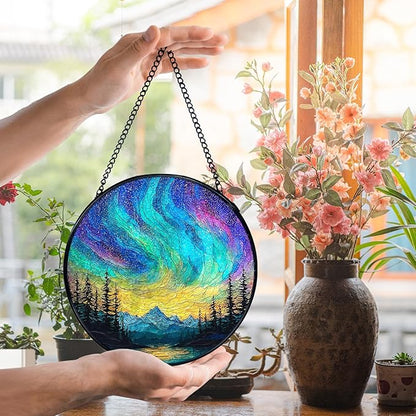 Nature Mountain Aurora Borealis Suncatcher Stained Glass Window Hanging, Northern Lights Sun Catchers Indoor Window Glass Wall Art Decor, Nature Wall Hanging Decor Decorations, 7.9x7.9 Inch