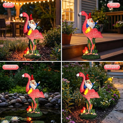 Candieslife Funny Garden Gnome Riding Flamingo Statue - Solar Powered LED Light Up Yard Art, Weatherproof Outdoor Lawn Ornament Decor for Patio Porch Lawn, Housewarming Birthday Gift for Men Women