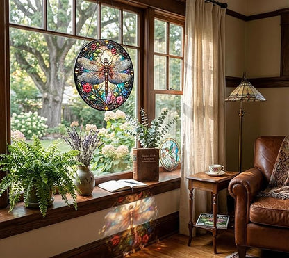 Dragonfly Stained Glass Window Hanging - Colorful Stained Glass Window Panel Decor - Sun Catchers Indoor Window Art for Home Garden, Gifts for Women Mom (6 Inch)