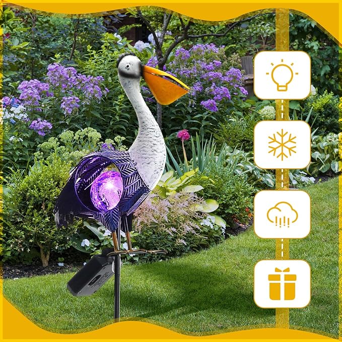 VIHOSE Solar Metal Pelican Statues Pelican Garden Sculpture Pelican Lawn Ornaments with Crackle Glass Ball Lawn Decorations Outdoor for Garden Landscape Outside Flower Bed Patio Yard Backyard Porch
