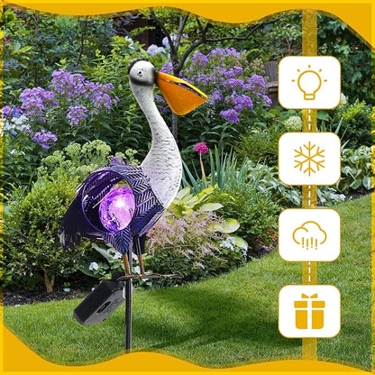VIHOSE Solar Metal Pelican Statues Pelican Garden Sculpture Pelican Lawn Ornaments with Crackle Glass Ball Lawn Decorations Outdoor for Garden Landscape Outside Flower Bed Patio Yard Backyard Porch