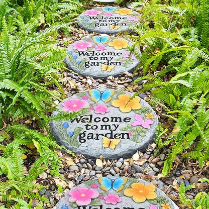 Stepping Stone for Garden Decor, Butterfly Flowers Welcome to My Garden Decorative Paving Stones for Patio Landscape Yard Walkway Path Sculpture Art, Outdoor or Indoor Home Decoration (Floral)