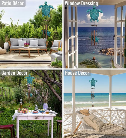 CoTa Global Rustic Sea Turtle Wind Chime - Handcrafted Glass and Metal Chime - Hanging Turtle Decorations for Indoor and Outdoor Spaces, Rustic Ocean Animal Windchime Decor Gift - 34 Inches