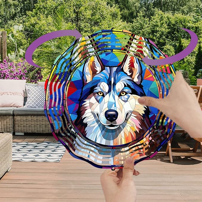 Husky Wind Spinner Pet Dog Memorial Gifts, Vibrant 3D Kinetic Metal Yard Art, Loss of Dogs Sympathy Gifts, Hanging Outdoor Garden Decor, 8" Decorative Wind Sculptures for Patio, Porch (Husky 5)