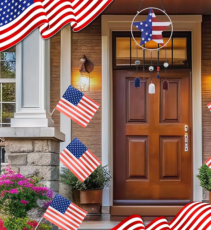 CoTa Global USA Flag Star Wind Chime - American Flag Patriotic Indoor or Outdoor Windchime Home Decor with Hanging Bells, Handcrafted Glass and Metal Wind Chimes for Yard, Garden, Porch - 24 Inch