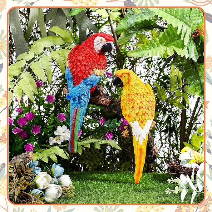 Jetec Parrot Decor Outdoor Tiki Bar Decor Large Realistic Parrot Statues Outside Lifelike Bird Sculptures Garden Patio Yard Lawn Figurines for Tropical Animal Tree Wall (2 Pcs,Red,Yellow)