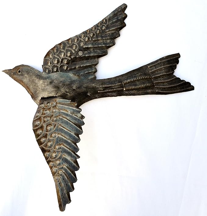 Set of 2 Garden Birds, Spring Home Accent Decor, 3D Wings, Metal Wall Hanging, Indoor Outdoor Display, Handmade 11 x 13 Inches