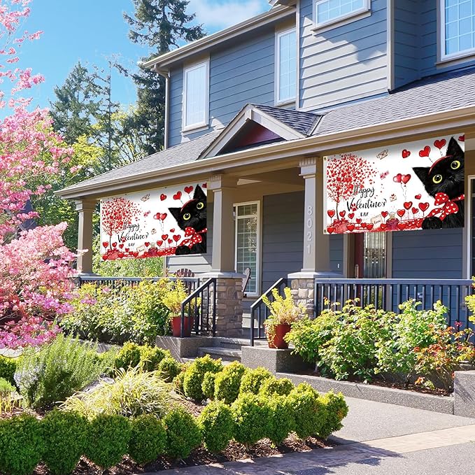 SENSEVEN Valentine's Black Cat Flags for Outside 3x5 Ft, Spring Wedding Flag, Couple Anniversary Yard Flag Spring Holiday Outdoor Banner for Porch Farmhouse Decor, Valentine's Party Supplies