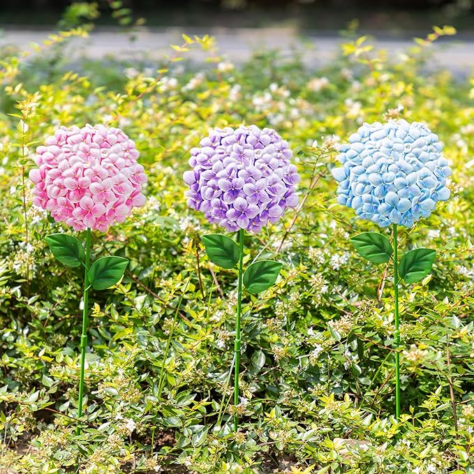 Glitzhome Set of 3 Hydrangea Garden Stakes, Metal Flower Yard Art with Hand Painted Color Finish and Detachable Stake, Iron Spring Lawn Patio Wall Decor, 24 "H