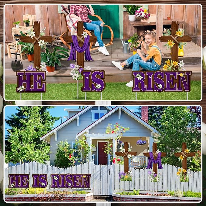 Menkxi 14 Pcs Easter Large Yard Sign Holiday Outdoor Lawn Decorations Religious He Is Risen Easter Yard Decor with Stakes Spring Cross Sign for Lawn Pathway Garden Christian Holiday Party Decor