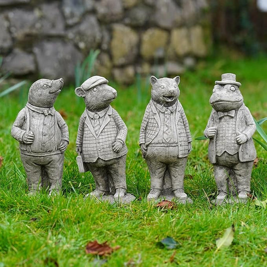 Set 4 Wind in the Willows Stone Statues | Mole Mouse Badger Toad Garden Ornament, Gray