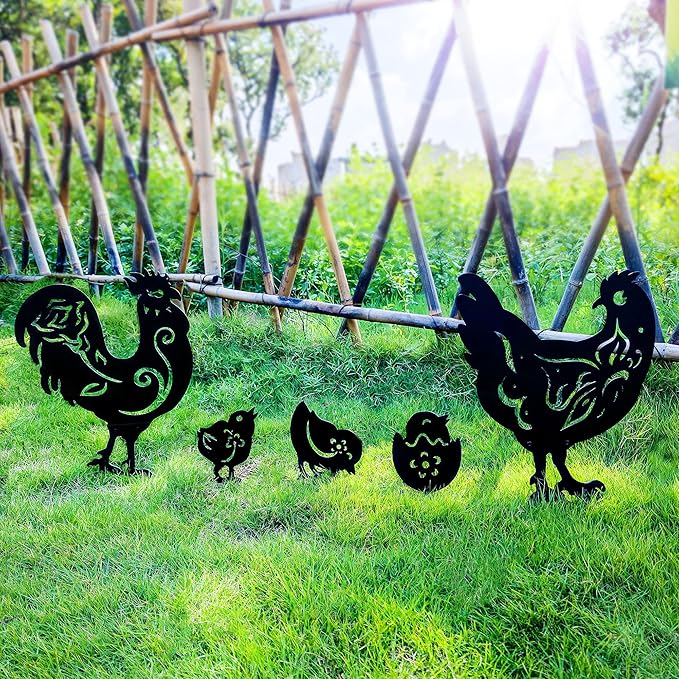 Chicken Metal Yard Art Animals Stakes,5PCS Outdoor Large Black Chickens Family Silhouette Country Garden Sculpture Set,Rooster Mother Hen and Chicks