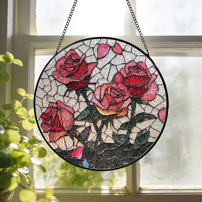Pink Red Roses Stained Glass Window Hanging Suncatchers Valentine Roses Glass Panel Hangings Vintage Floral Window Decor Flowers Lovers Gift for Women Mom Spring Garden Nature Ornament 3.9inch