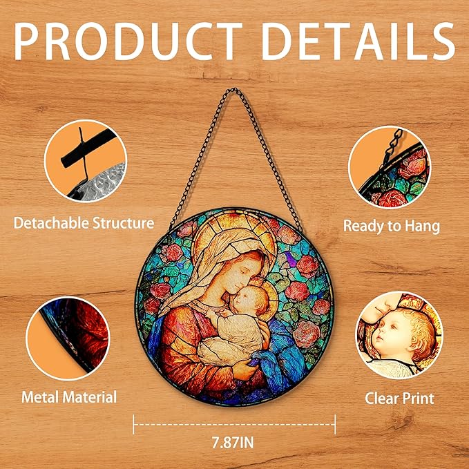 Virgin Mary Flower Suncatcher Stained Glass Window Hanging, Christian Our Lady of Grace Sun Catchers Indoor Window Glass Round Wall Decor, Catholic Rose Wall Art Hanging Decorations, ＂7.8x7.8＂