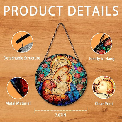 Virgin Mary Flower Suncatcher Stained Glass Window Hanging, Christian Our Lady of Grace Sun Catchers Indoor Window Glass Round Wall Decor, Catholic Rose Wall Art Hanging Decorations, ＂7.8x7.8＂