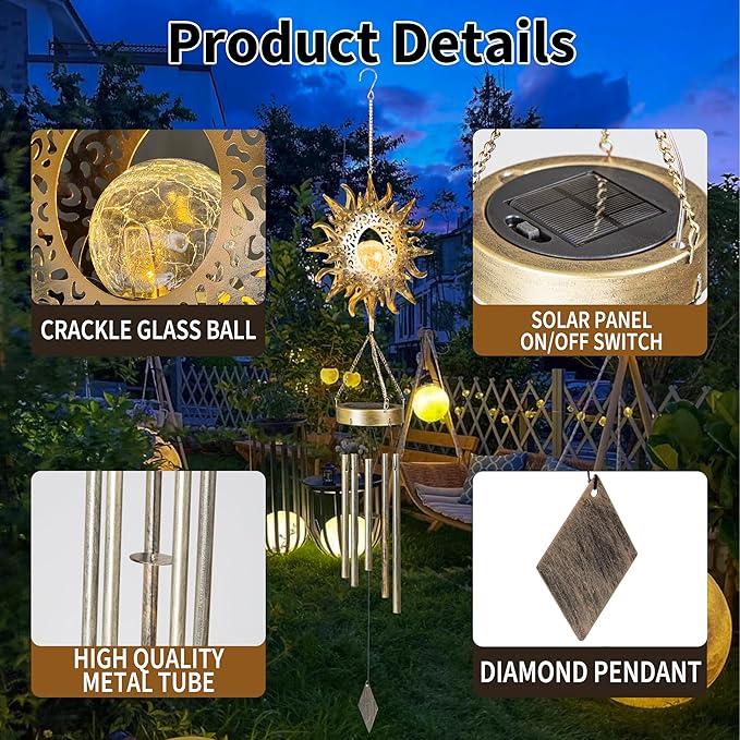 Sun Solar Wind Chimes for Outside Lights Prefert Gifts for Mom Wife Unique Crackle Glass LED Warm Light Outdoor Hanging Decor Windchimes for Garden Yard Patio Christmas Birthday Mothers Day