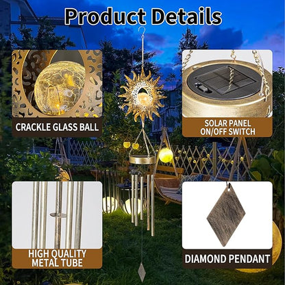 Sun Solar Wind Chimes for Outside Lights Prefert Gifts for Mom Wife Unique Crackle Glass LED Warm Light Outdoor Hanging Decor Windchimes for Garden Yard Patio Christmas Birthday Mothers Day