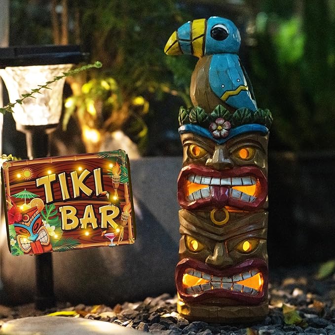 Tiki Statue Totem Pole Decor- 12.32 inch Tall Solar Powered Garden Figurine Tiki Decorations for Tiki Bar Outdoor Patio Balcony Lawn Yard Backyard