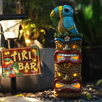 Tiki Statue Totem Pole Decor- 12.32 inch Tall Solar Powered Garden Figurine Tiki Decorations for Tiki Bar Outdoor Patio Balcony Lawn Yard Backyard