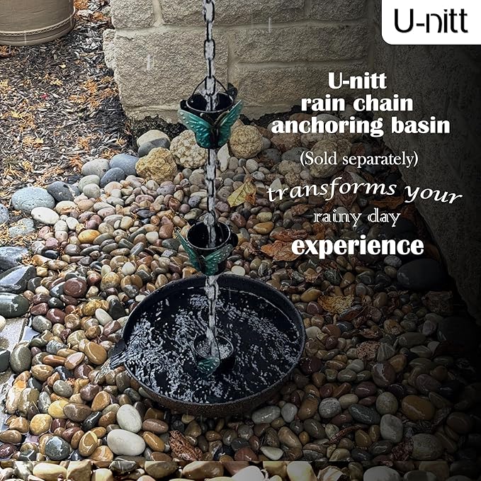 Rain Chain Water Collection for Gutters, Rainwater Catcher & Diverter, 8.5 FT Chains for Outside Garden, Butterfly Bucket Cups, Roof Downspout, Works with Heavy Rain, w/ Gutter Clip for Rainchains
