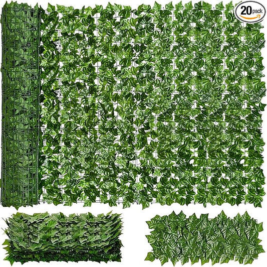 Faux Ivy Privacy Fence Screen 20PCS 20 x 20 Inch Artificial Faux Ivy Hedge Expandable Faux Privacy Fence with 100 pcs Zip Ties Decoration for Wall Screen, Outdoor Garden, Wedding Decor (200x40 inches)