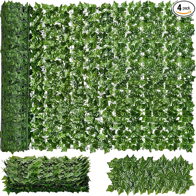Faux Ivy Privacy Fence Screen 4PCS 20 x 20 Inch Artificial Faux Ivy Hedge Expandable Faux Privacy Fence Decoration for Wall Screen, Outdoor Garden, Wedding Decor,No Cable Tie (40x40 inches)