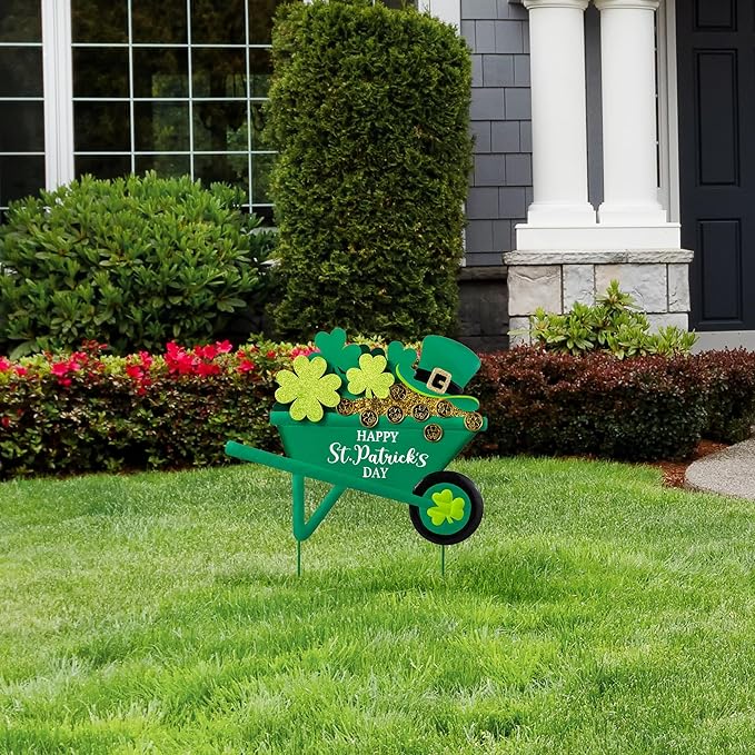 Glitzhome Metal St. Patrick's Yard Signs, Shamrocks Wagon Garden Stakes, 24"H Wall Decor Yard stake for Home Party Yard Lawn Patio Outdoor Decoration