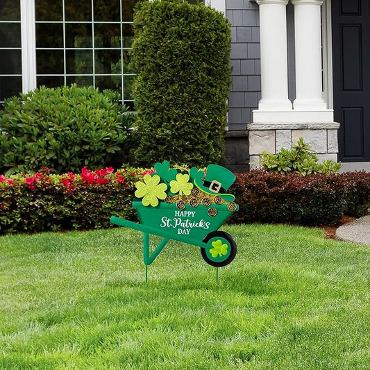 Glitzhome Metal St. Patrick's Yard Signs, Shamrocks Wagon Garden Stakes, 24"H Wall Decor Yard stake for Home Party Yard Lawn Patio Outdoor Decoration