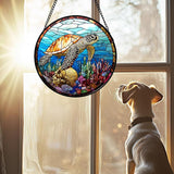 Stained Glass Window Hanging Blue Sea Ocean Coral Turtle 6.3" - Suncatcher Door Garden Sunroom Sun Catcher Home Decor Birthday Christmas for Mom Men Woman Nana