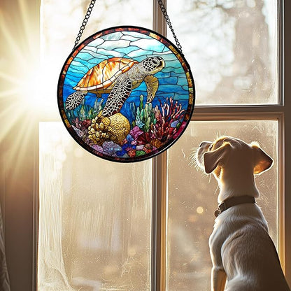 Stained Glass Window Hanging Blue Sea Ocean Coral Turtle 6.3" - Suncatcher Door Garden Sunroom Sun Catcher Home Decor Birthday Christmas for Mom Men Woman Nana
