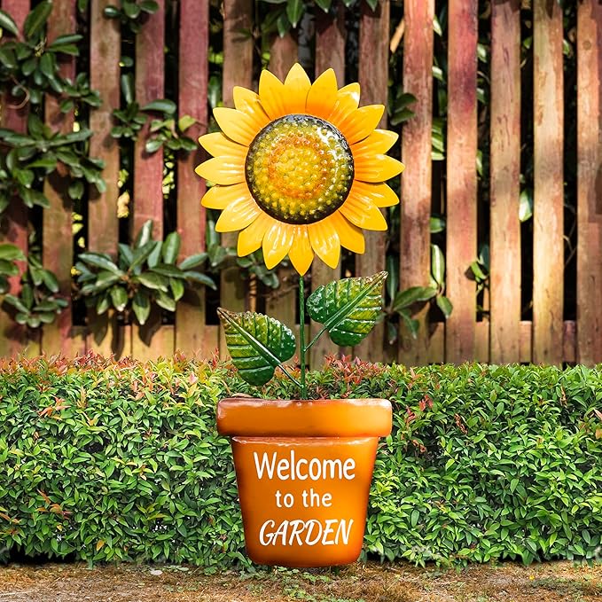 Glitzhome Sunflower Garden Stake, 36 ”H Metal Lifelike Yard Sign Outdoor Ornament Welcome to the Garden Sign Brilliant Blooming Spring Yard Stake