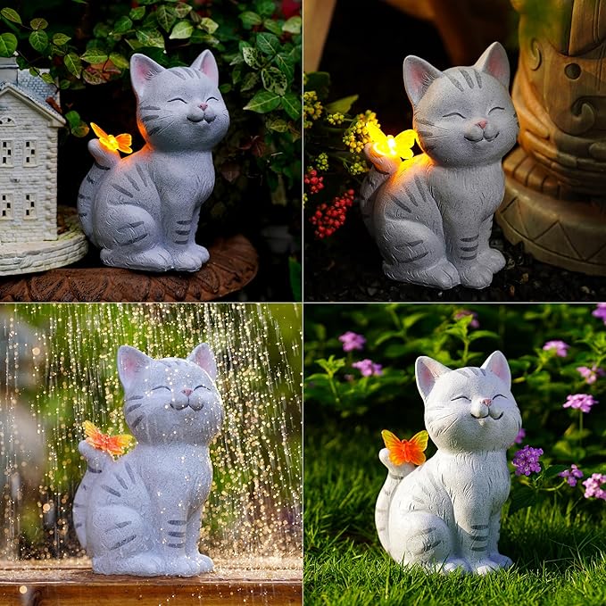 Solar Garden Statue Cat with Glowing LED Butterfly, Waterproof Resin Outdoor Decor Light, Whimsical Yard Art for Patio Balcony Porch, for Mom Women Friends