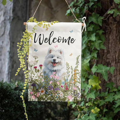 Floral Samoyed Garden Flag Spring Summer Yard Flag Flower Dog Garden Flags for Outside Small Outdoor Welcome Flags 12x18 Double Sided
