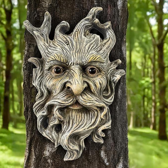 Teaeeno Whimsical Tree Face Garden Decoration, 9.8 in Tree Faces Decor Outdoor Wallmounted Statue Art with Leaf Features, Outdoor Decor Garden Accessory (Outdoors and Nature)
