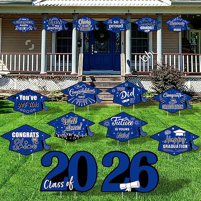 16 Pieces 2026 Graduation Yard Signs Plastic Congrats Grad Decor with 32 Stake and Ribbon Graduate Cap Hanging Yard Sign for Party Outdoor Lawn Pathway Walkway Decorations(Blue and Black)