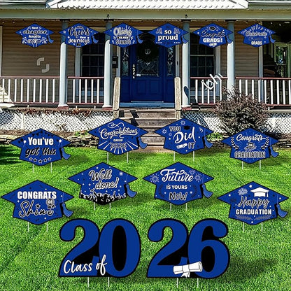 16 Pieces 2026 Graduation Yard Signs Plastic Congrats Grad Decor with 32 Stake and Ribbon Graduate Cap Hanging Yard Sign for Party Outdoor Lawn Pathway Walkway Decorations(Blue and Black)