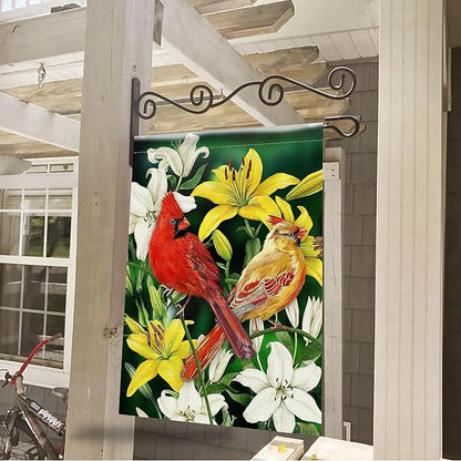 Furiaz Decorative Cardinal Flower Spring Small Garden Flag Double Sided, Red Yellow Birds Home Floral Lily Burlap Outside House Yard Decoration, Summer Green Seasonal Outdoor Décor Flag 12.5 x 18